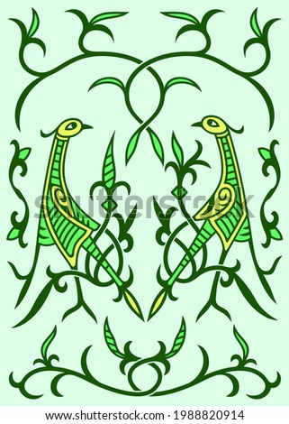 Dancing Storks. Traditional ancient Ukrainian ornament in green spring colors. Vector illustration, poster.