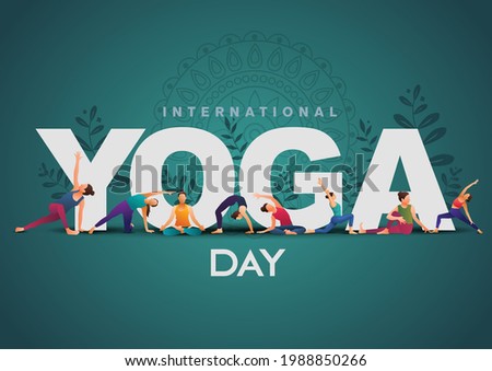international yoga day. yoga body posture. group of Woman practicing yoga. vector illustration design Royalty-Free Stock Photo #1988850266