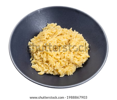 boiled risoni pasta in gray bowl isolated on white background
