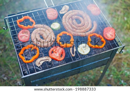Barbecue on a hot day during the summer vacation on a green grass background. Meat and vegetables on the grill.