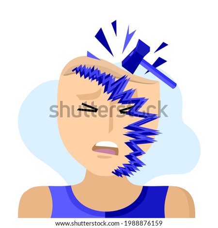 Headache, migraine, visual aura. A head with a picture of a scotoma in a migraine attack. Cartoon illustration for informational posters, articles, websites, and mobile apps.