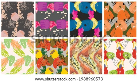 Abstract seamless pattern set with hand drawn scribbles. Bright colored doodles made by marker crayon paint. Rough ink blobs and splashes with floral garden motif. Artistic wallpaper design kit.
