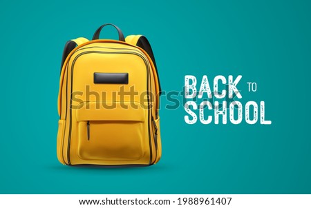 Back to school white vintage sign with yellow school bag isolated on blue background. Vector 3d illustration with orange backpack. Educational banner design Royalty-Free Stock Photo #1988961407