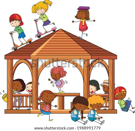 Many kids doing different activities in gazebo  illustration