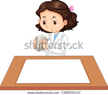 Cute girl wearing scientist uniform with blank paper on the table illustration