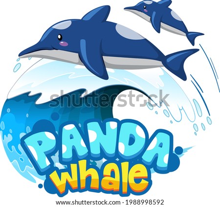 Dolphins cartoon character with Panda Whale font banner isolated illustration