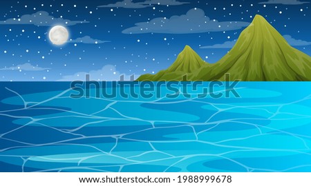 Ocean at night time landscape scene with mountain background illustration