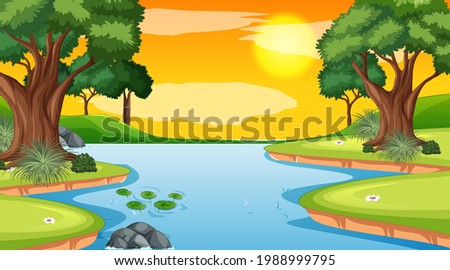 Landscape scene of forest with river and many trees illustration