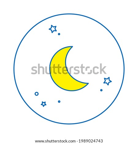 Round icon of moon, night sky (line drawing, blue)