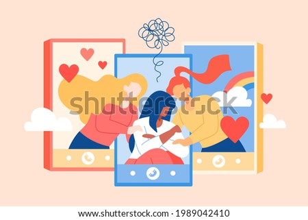 Flat illustration of comforting a friend on the phone. Two females comforts a good friend who feeling depressed and sending her lots of love as supports on the video call
