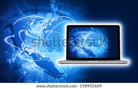 Blue vivid image of globe and laptop with screen. Internet Concept of global business