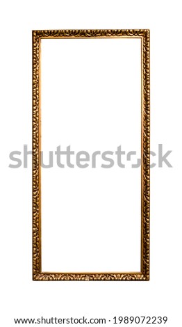 narrow tall golden picture frame with cut out canvas isolated on white background