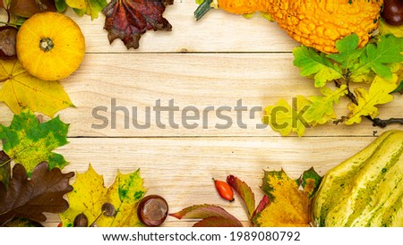 Flat lay autumn. Natural harvest with orange pumpkin, fall dried leaves, red berries and acorns, chestnuts on wooden background in shape frame. For seasonal offers and holiday post card, top view