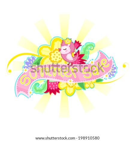 Very bright Summer Sale banner with flowers and bird on the background of the sunlight