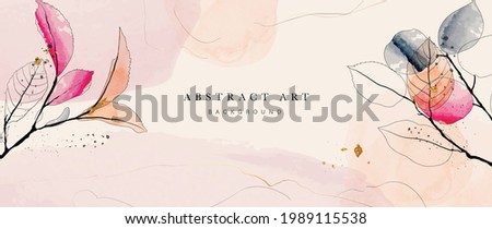 Abstract art background vector. Luxury minimal style wallpaper with golden line art flower and botanical leaves, Organic shapes, Watercolor. Vector background for banner, poster, Web and packaging. Royalty-Free Stock Photo #1989115538