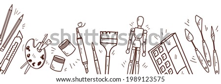 A set of tools for drawing and creating in a linear style. Working tools of the artist. Frame, border, design element. Contour vector image of art objects under a clipping mask. EPS10.