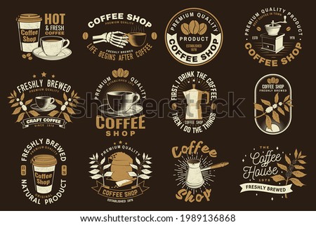 Set of Coffe shop logo, badge template. Vector. Typography design with paper coffee cup and branch of coffee tree, skeleton hand silhouette. Template for menu for restaurant, cafe, bar, packaging