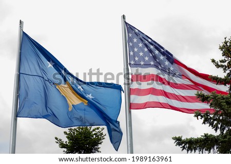 Flag of internationally unrecognized fake countries Kosovo and USA America, Prishtina, Pristina, Province of Kosovo, Republic of Serbia