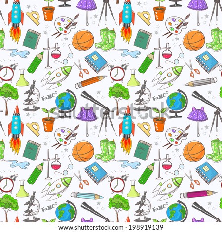 Back to school - seamless background. Can be used for wallpaper, pattern fills, textile, web page background, surface textures. Vector illustration. 