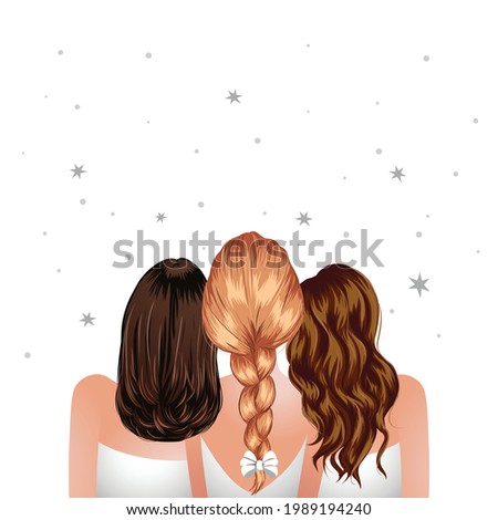 Three woman standing together. Girl best friends back view. Bridesmaids clip art. 