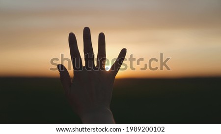 Reaching out to the sun, happy girl at sunset, sunlight shining on her hand, solar system star, happy family concept, touching a dream, asking for help from God, natural phenomenon