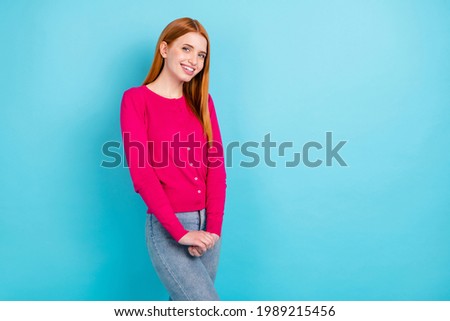 Photo of young not confident millennial foxy hair lady hold hands wear pink sweater isolated on blue color background