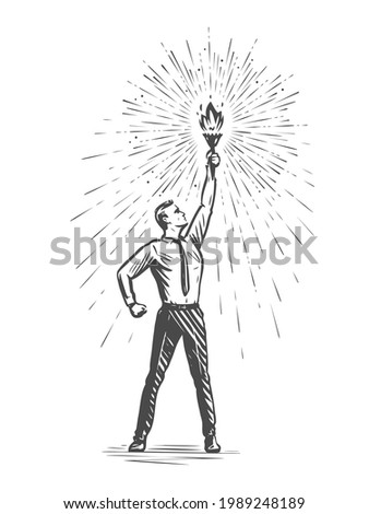 Businessman with burning torch in search of targets and new opportunities. Business concept sketch vector illustration