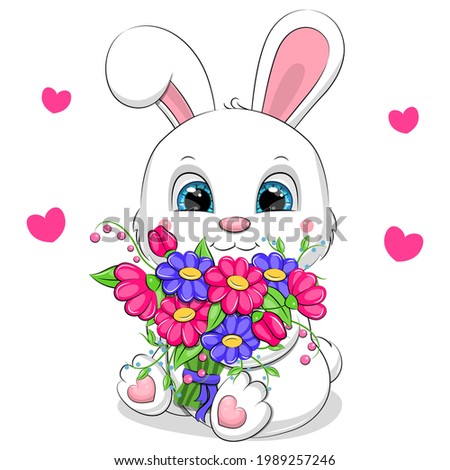 Cute cartoon white rabbit with a bouquet of flowers. Vector illustration of an animal on a white background with hearts.