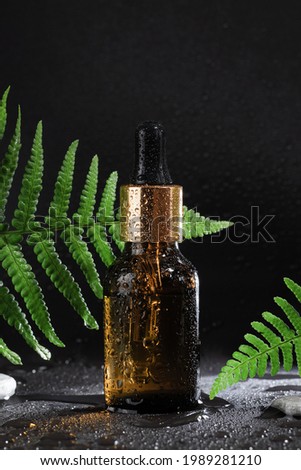 Mock up glass dropper bottle on wet black background with drops, with tropical fern leaves and stones. Cosmetic pipette on a black background. Back light. Vertical orientation
