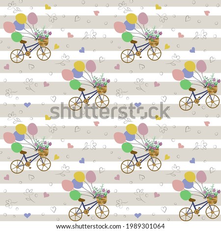Seamless vector pattern with bicycles and colorful balloons, basket of flowers, hearts, dots, white stripes on a blue background.