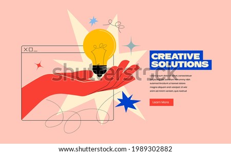 Creative solutions or ideas web banner design or landing page template for creative agency with hand comes out of the screen with light bulb and colorful abstract geometric shapes. Vector illustration Royalty-Free Stock Photo #1989302882