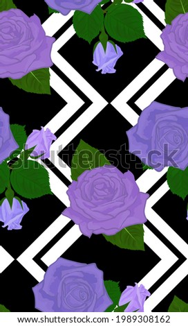 Seamless modern pattern with purple roses and leaves on black and white geometric background.