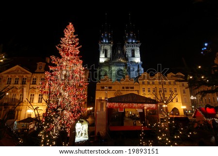 Old Town Square in Prague with Tyn Cathedral during the Christmas celebrations at night