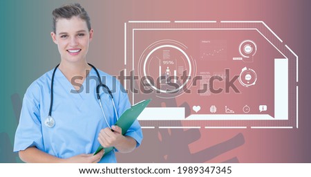 Composition of smiling female doctor with medical data processing. global medicine, health and technology digital interface concept digitally generated image.
