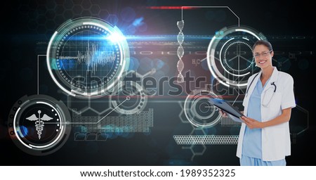 Composition of female doctor over virtual screen with medical icons. global medicine and digital interface concept digitally generated image.