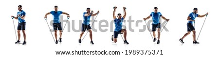 Collage about sportsman performing squats as secure resistance rope between legs, stretch loop with knee, clench arms together, trying get fit during training session, isolated on white background