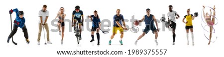 Sport collage. Tennis, basketball, soccer football, hockey, golf, cycling, volleyball, gymnastics players posing isolated on white studio background. Fit african and caucasian people standing as team.