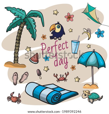 Bundle set for Relax on the beach. Summer Collection of item: bird toucan, turtle, umbrella, island, drinks and food etc. Clip art in cartoon style