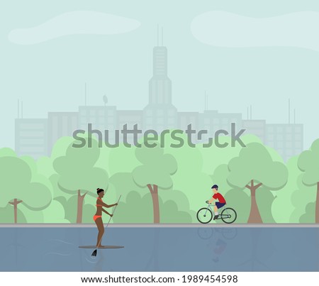 Summer in the city park with cyclist and paddling girl concept vector illustration.