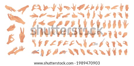 Gesturing. Set of hands in different gestures. Female hands in various situations. Hand showing signal or sign collection, on white background isolated. Wrist. ​vector illustration	