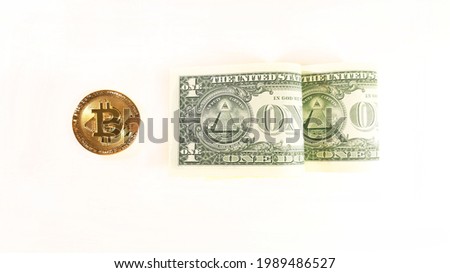 Bitcoin coin and money top view layout, free space. Concept of mining business, wealth, communication, template