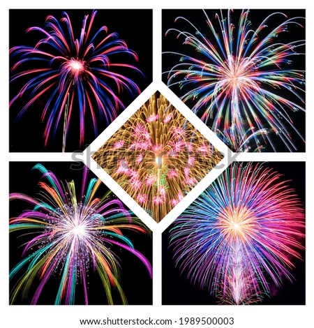 Colorful fireworks dye the night sky beautifully.
Japanese art fireworks collection.