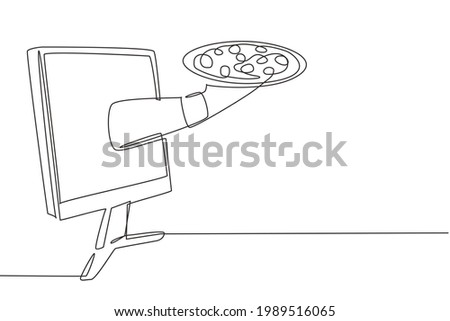 Single one line drawing Hands out of monitor screen with tray open to serve pizza. Order food digitally. Online delivery service concept. Modern continuous line draw design graphic vector illustration