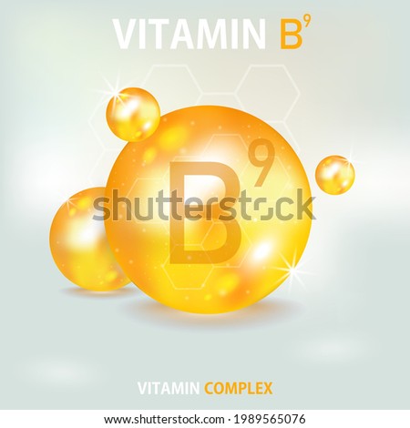 Vitamin B9 in 3d style on gold background. Vitamin drop pill capsule. Isolated vector illustration. Health care. 3d vector illustration. Vector illustration design. Royalty-Free Stock Photo #1989565076