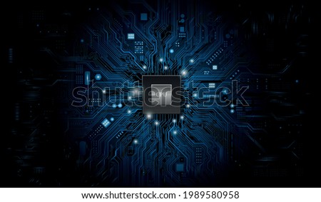 Futuristic microchip processor with lights on the blue background. Quantum computer, large data processing, database concept. CPU isometric banner. Central Computer Processors CPU concept.Digital chip Royalty-Free Stock Photo #1989580958