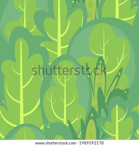 Flat forest. Seamless pattern. Illustration in a simple symbolic style. Funny green landscape. Comic cartoon design. Cute scene with trees. Vector