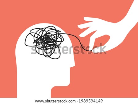 Psychologic therapy session concept with human head silhouette and helping hand unravels the tangle of messy thoughts with mental disorder, anxiety and confusion mind or stress. Vector illustration Royalty-Free Stock Photo #1989594149
