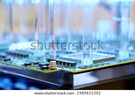 CPU microchips on computing platform with AI technologies. Computer motherboard with components for server, software and hardware complex