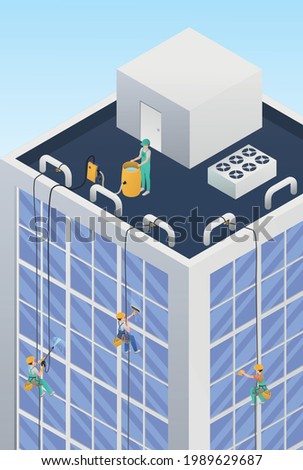 Isometric professional cleaning service composition with group of mountaineer cleaners wash windows in a skyscraper vector illustration