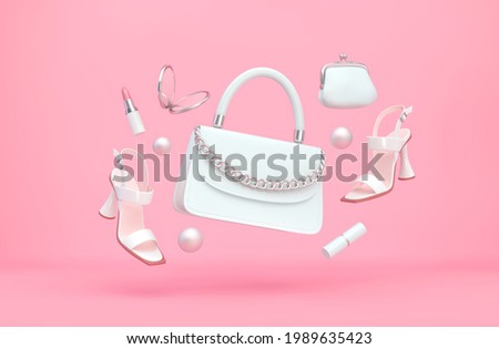White women's handbag, high heels, purse, lipstick, mirror flying over pink background. Fashion concept. 3D rendering